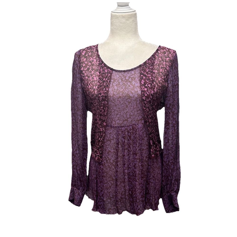 CAbi Tunic Sheer 100% Silk Chiffon Floral Bohemian Long Sleeve Baby Doll Size S